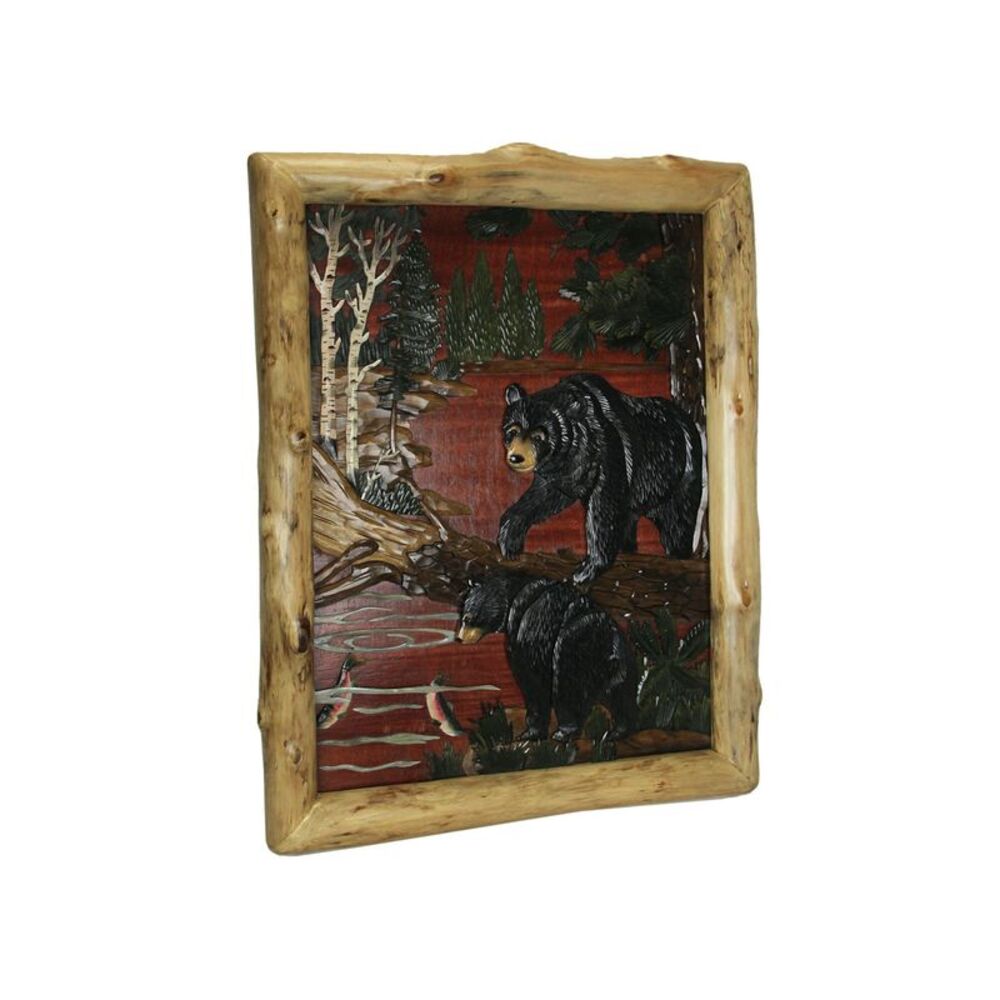 Natural Wood Bear And Cub Hand Carved Wall Art Cabin Style Lodge Home Decor